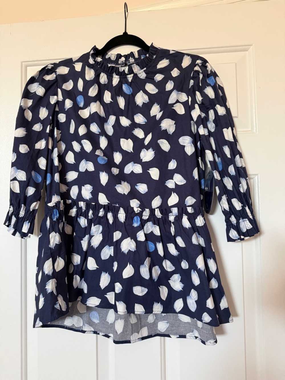 Navy Blue Flutter Print Peplum Top